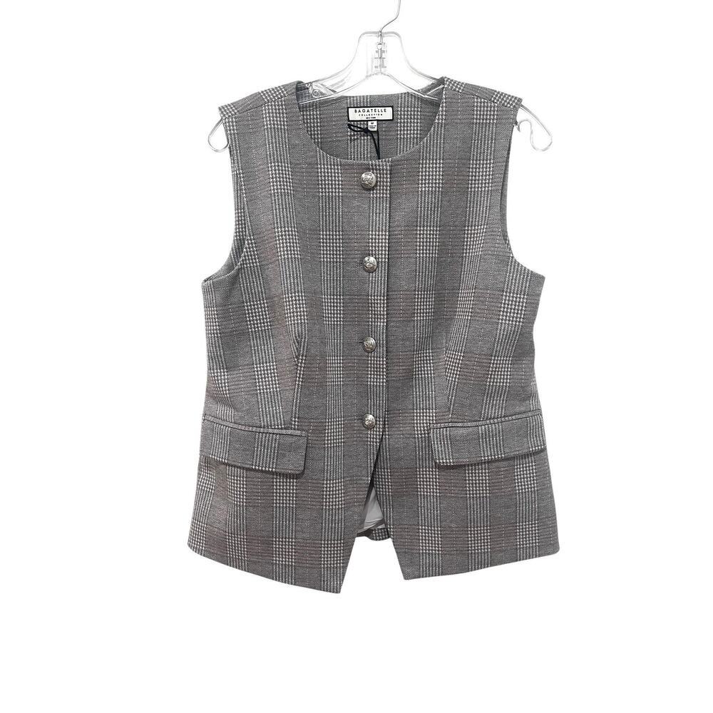 Bagatelle Collection Vest Womens Medium Gray Plaid Tweed Button Front Collarless